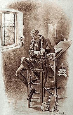 Uriah Heep in un'illustrazione di Fred Barnard del 1870 circa, seduto alla finestra, ambiente poetico,