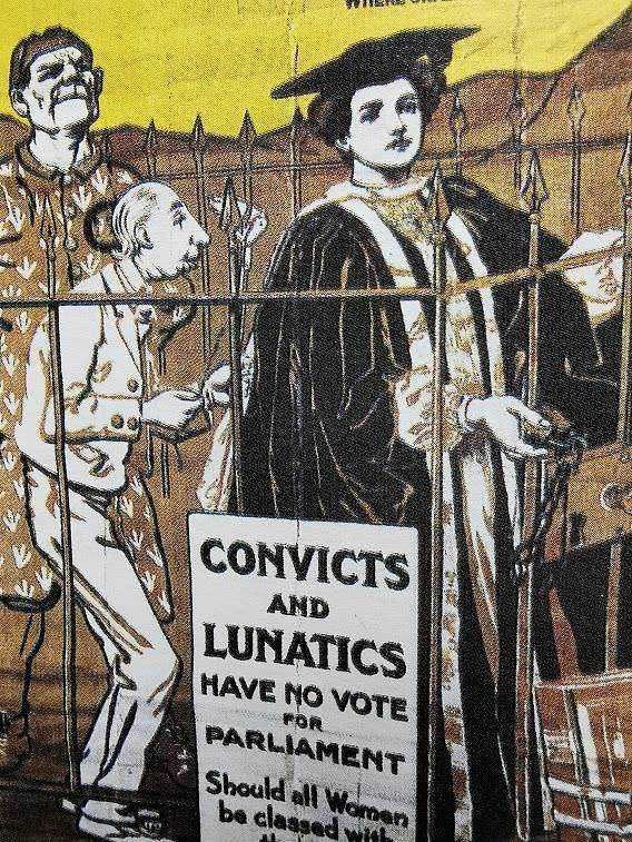 Vignetta satirica con donna vestita da giudice e cartello contro condannati e lunatici, simbolo di protesta politica, in stile disegno di protesta sociale, con temi di diritto e diritti civili.