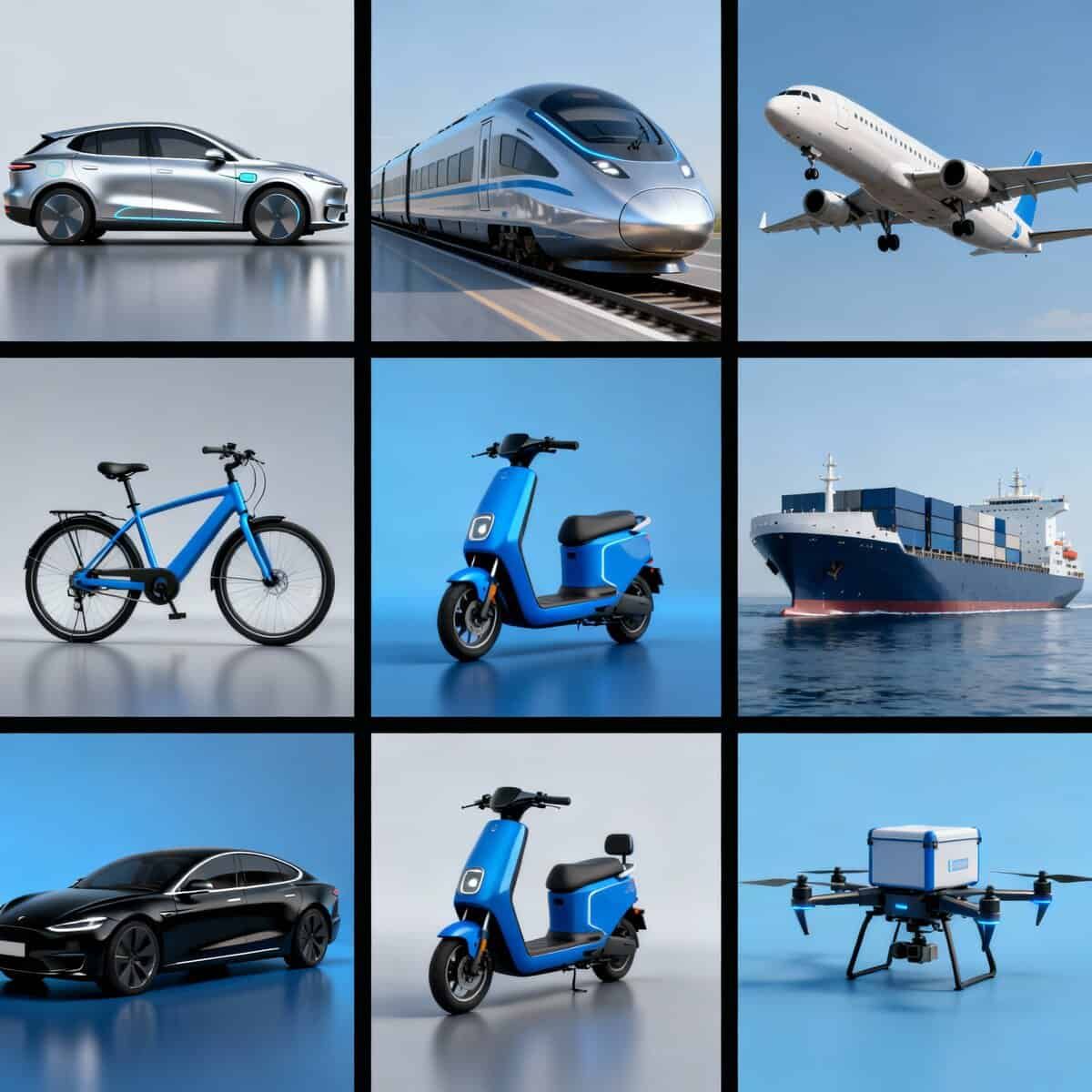 Veicolo elettrico autonomo e innovativo, treno high-tech ad alta velocità, aereo commerciale moderno in volo, bicicletta ecologica per città, scooter elettrico urbano, nave portacontainers per trasporto merci, auto di lusso elettrica, drone con scatola di consegna, veicolo aereo senza pilota per consegne rapide.