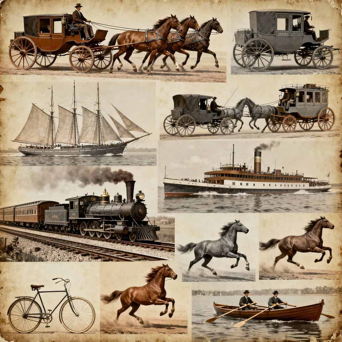 Mezzi di trasporto nell'800: Mezzi di trasporto nel 1848 con Jules Verne e Fogg. Vintage calesse, carrozza antica trainata da cavalli, naviglio a vapore e tram storici, immagini storiche di trasporti antichi, anche nave a vela e bicicletta, perfetta per articoli su trasporti storici e appunti sul blog.