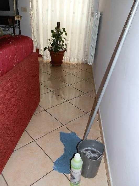 Pulizia di un pavimento in ceramica con secchio e mop in un soggiorno con divano rosso e pianta in vaso.