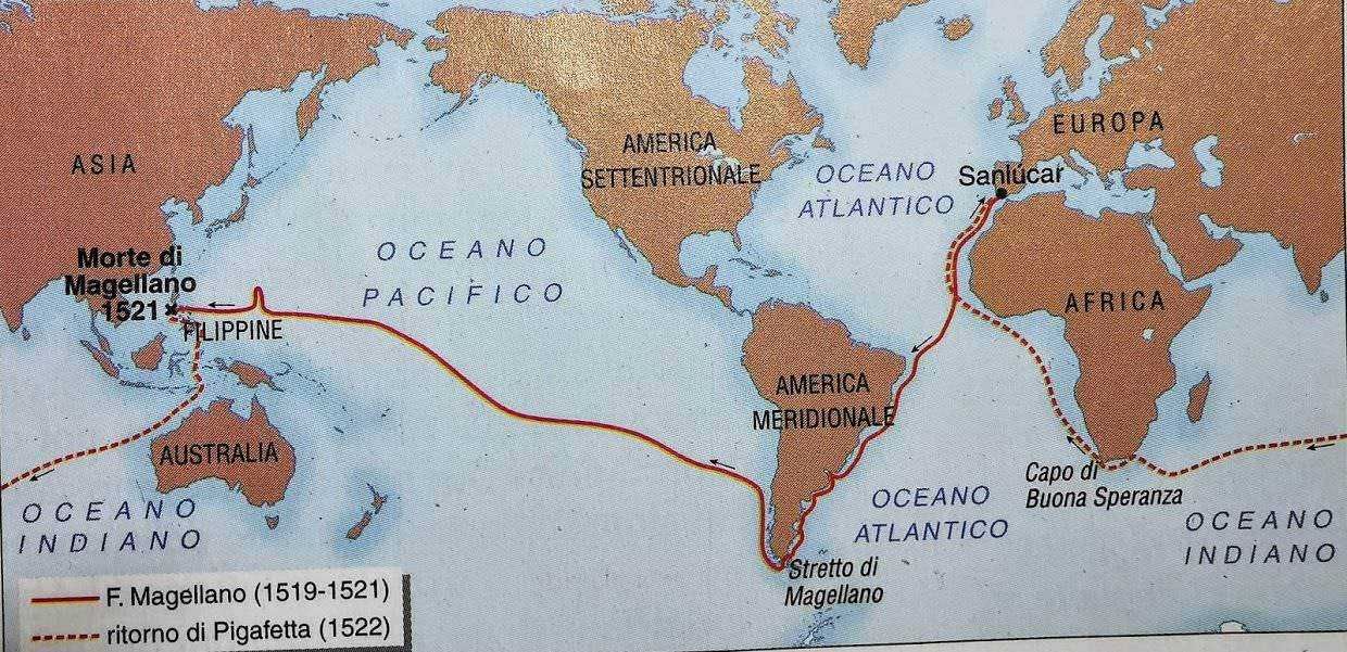 Navigazione del viaggio di Ferdinando Magellano attraverso l'oceano Atlantico e Pacifico, evidenziando le rotte storiche e i punti importanti come la Morte di Magellano, Capo di Buona Speranza e Santuocar.