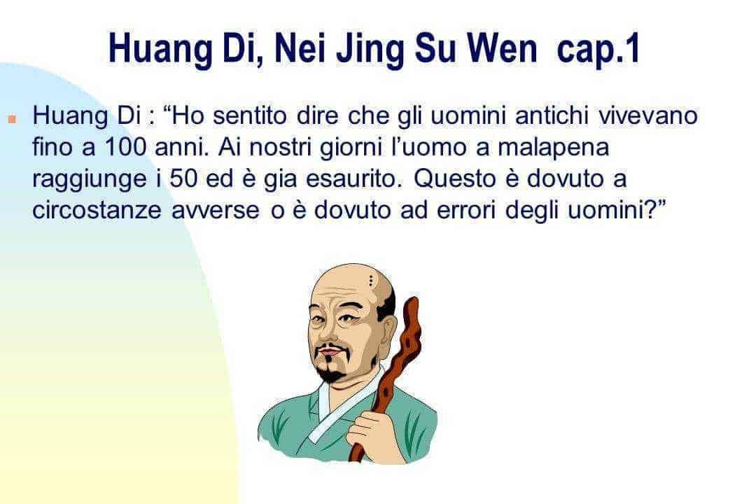 Huang Di, Nei Jing Su Wen, capitolo 1, rappresentazione illustrata di un saggio cinese antico con bastone, testo su medicina tradizionale cinese e cultura orientale, immagine educativa e storica.