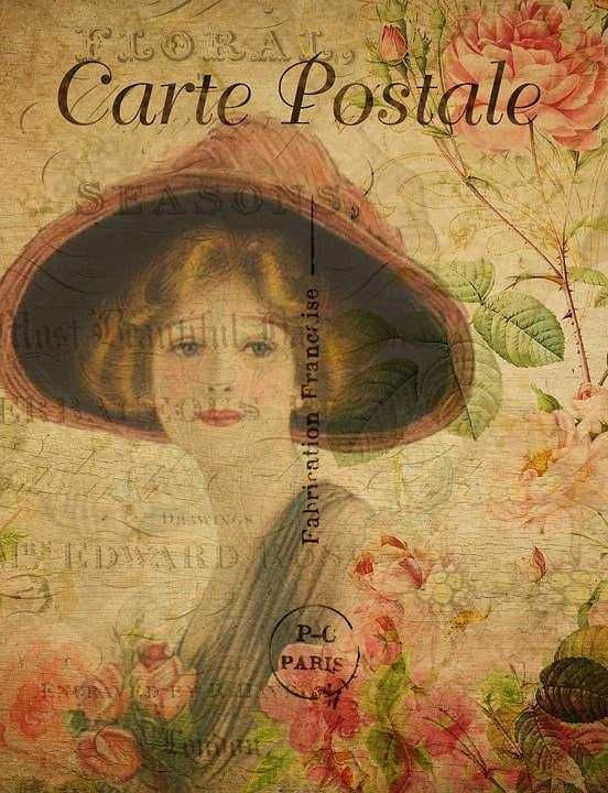 Libera cartolina vintage con donna con cappello, fiori e sfondo di vecchie lettere e timbri, stile romantico e rustico, perfetta per appunti sul blog e decorazioni creative.