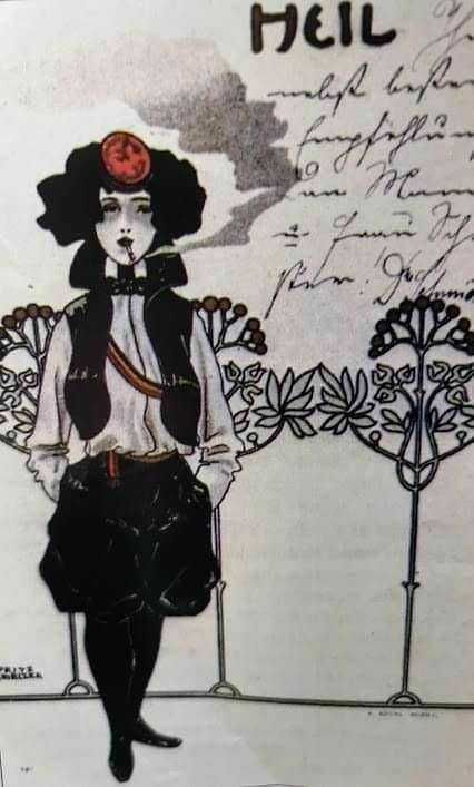 Una donna in stile vintage con cappello rosso, camicia bianca e pantaloni neri, circondata da disegni floreali e scritte a mano, in un'illustrazione artistica e suggestiva.