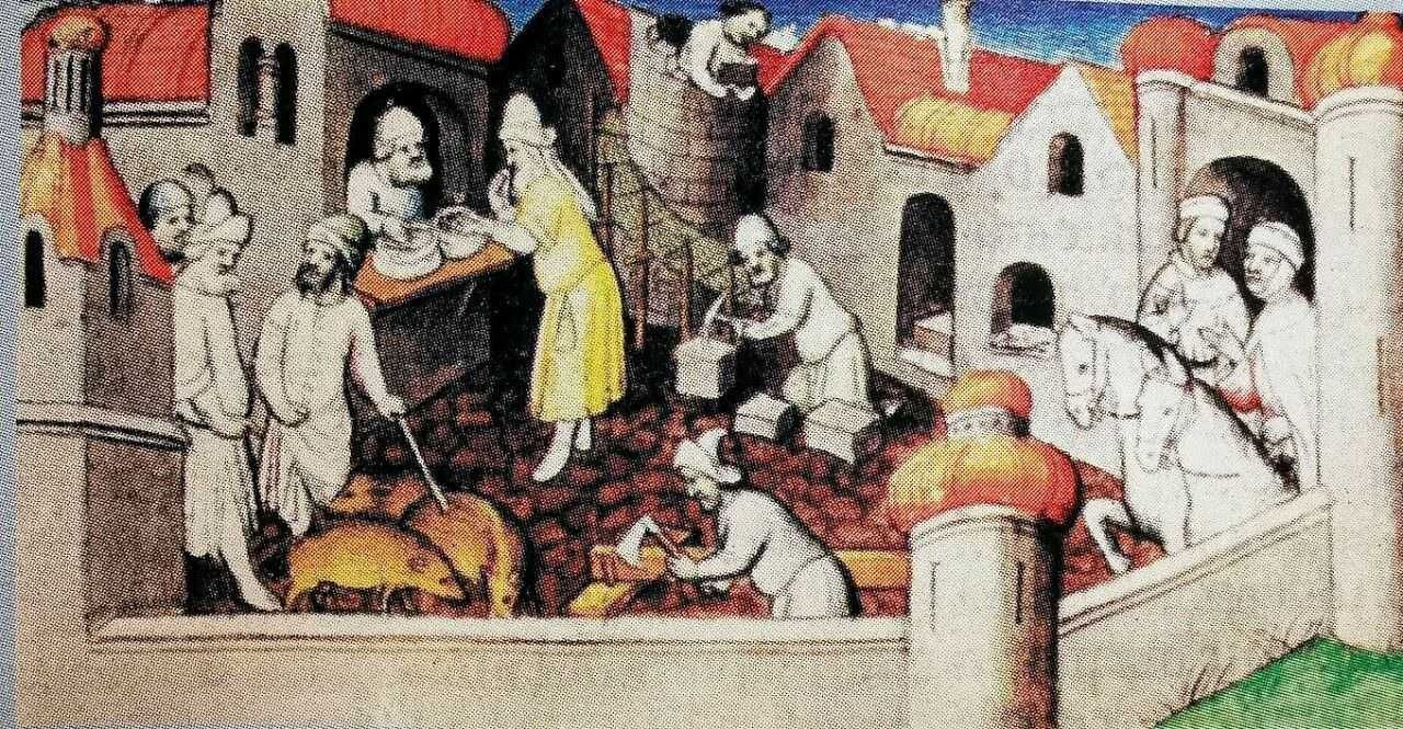 Tavola di un affresco medievale che raffigura un mercato o una scena di vita quotidiana con persone, cavalli e edifici storici.