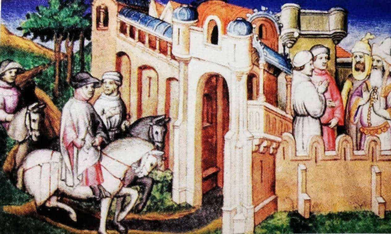 Vecchi dipinti medievali raffiguranti nobili e guerrieri in un castello, arte storica e cultura medievale, immagini di epoca antica, scene storiche e artistiche del Medioevo.