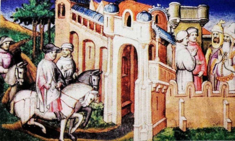 La Via della Seta dall'Asia a Roma 5 Vecchi dipinti medievali raffiguranti nobili e guerrieri in un castello, arte storica e cultura medievale, immagini di epoca antica, scene storiche e artistiche del Medioevo.