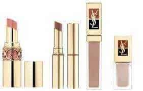 Labbra con rossetto rosa nude in eleganti confezioni di lusso, ideale per un make-up sofisticato e di tendenza.
