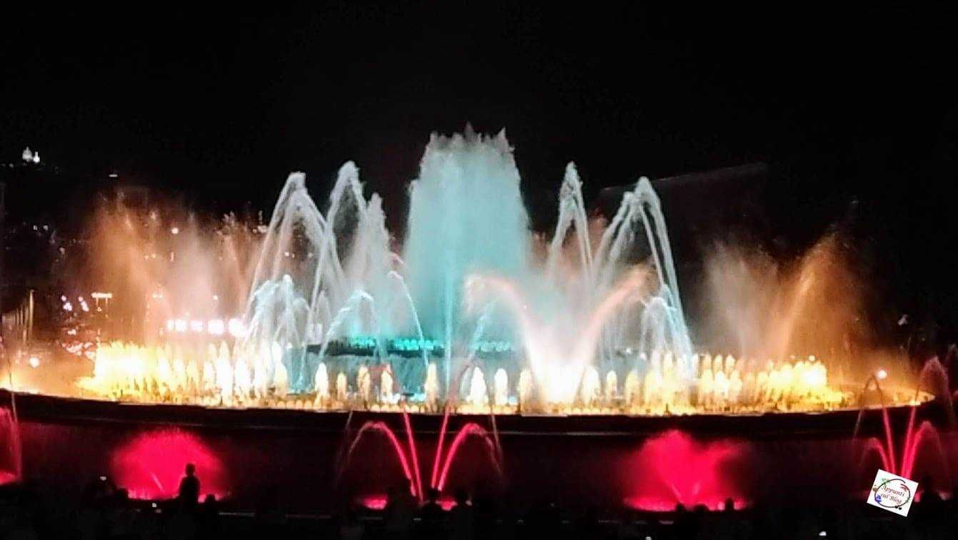 Fontana Magica, spettacoli di luci e spruzzi d'acqua colorati durante la notte, attrazione turistica iconica con giochi d'acqua e luci illuminate.
