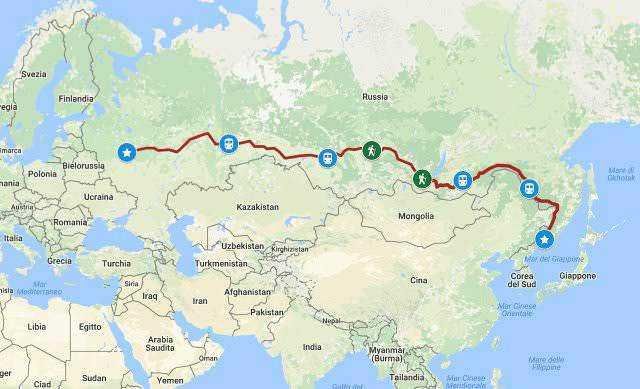 Cum online: mappa di percorso ferroviario e di viaggio che attraversa Russia, Mongolia e Giappone, con punti di interesse e fermate lungo il tragitto.