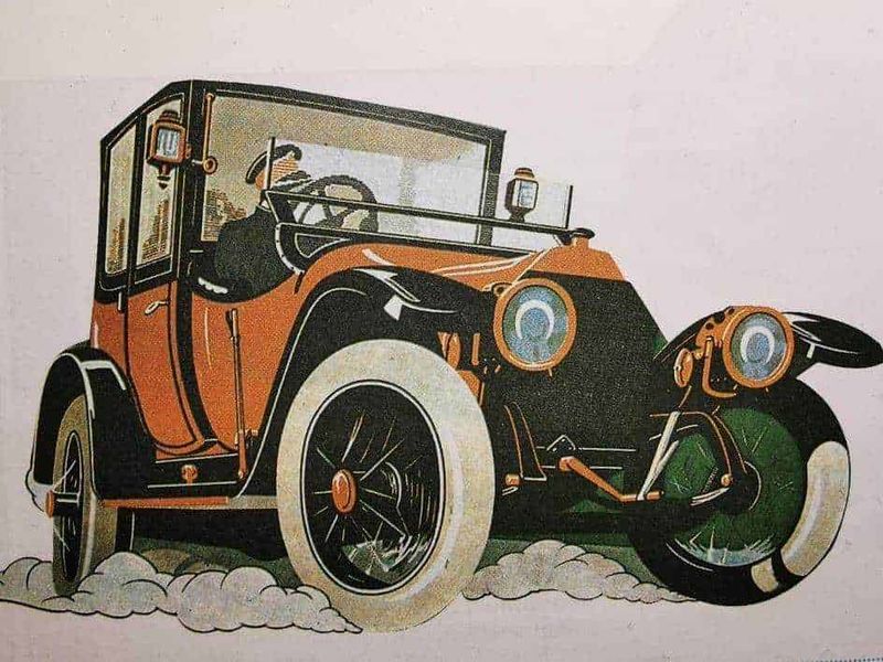 Civiltà industriale nell'Ottocento: invenzioni e progresso 6 Vintage automobile front view illustration, art deco style, retro car drawing, classic vehicle design, detailed vintage car artwork.