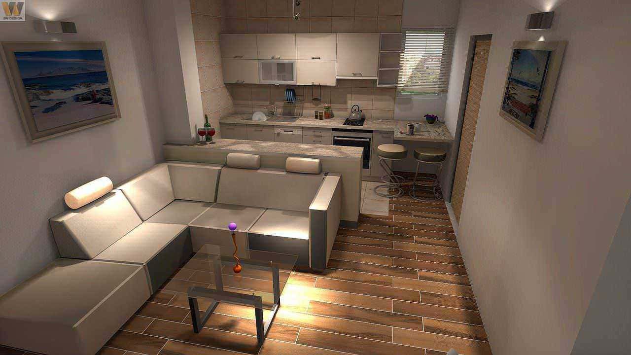 Soggiorno con divano angolare e cucina moderna in stile open space, arredamento elegante, ideale per ambienti di appartamenti di design, con pavimenti in legno e decorazioni raffinate.