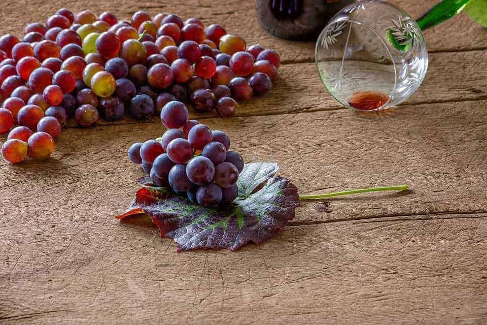 Uva rossa fresca su una foglia con bicchiere di vino rosso su tavolo di legno, immagine di alta qualità perfetta per contenuti sulla viticoltura e degustazione di vini.