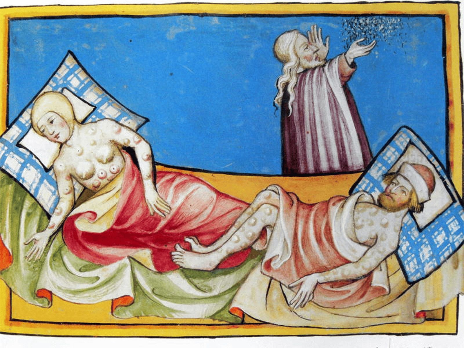 L'immagine mostra un dipinto medievale con figure femminili e maschili malate, caratterizzato da colori vivaci e dettagli stilizzati. Potrebbe rappresentare una narrazione biblica o simbolica, evidenziando l'arte religiosa e iconografia del periodo.