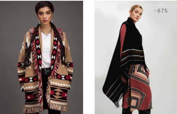 Femminile modello in abbigliamento etnico con poncho colorato e accessori alla moda, completa un outfit chic.