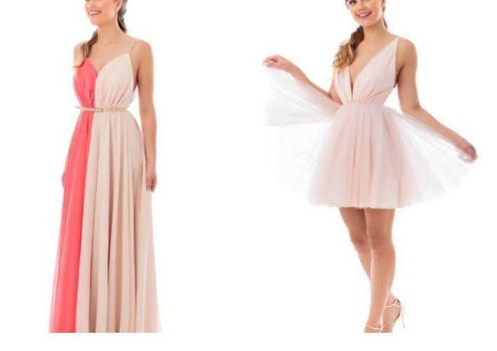 Vestito lungo elegante beige e rosa con taglio classico e cintura sottile, perfetto per eventi formali e cerimonie.