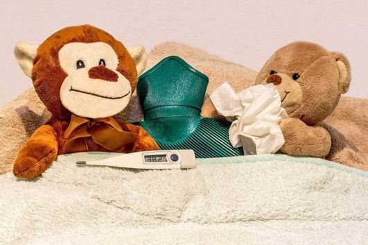 Starnuti 11 cause comuni e rimedi 4 Peluche di scimmia e orsetto con termometro e ciuccio su coperta, temperatura corporea, malattia bambini, giochi e medicine, fantasia e cura infantile, oggetti morbidi e rassicuranti, appunti sul blog.