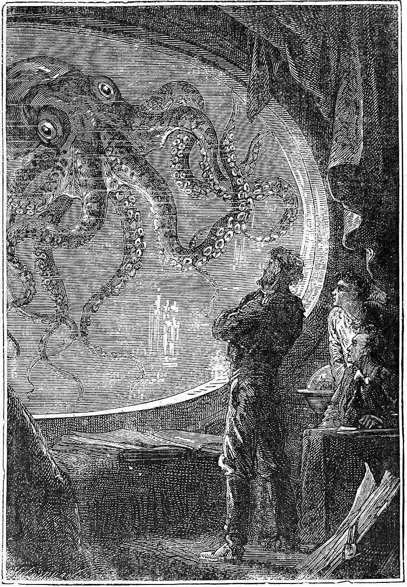 Verne e 20.000 leghe sotto i mari 3 Volto di un polpo gigante osservato da studiosi in una scena simbolica, rappresenta l'arte e l'esplorazione marina, con dettagli intricati e un'atmosfera mistica e sognante, illustrato in stile vintage.