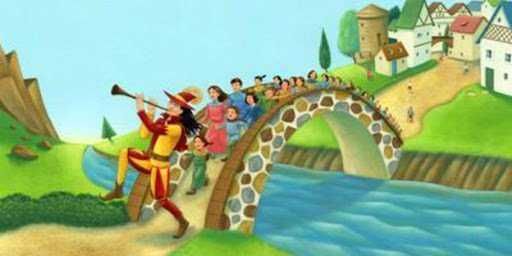 Ragazzo con tromba e bambini che attraversano un ponte di pietra su un fiume, scenario di campagna con case colorate e colline verdi.