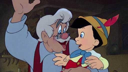 Produttore di immagini, pagina di film di Pinocchio con Geppetto e Pinocchio contenti, scena classica del film di animazione Disney, illustrato in stile vivace e colorato.