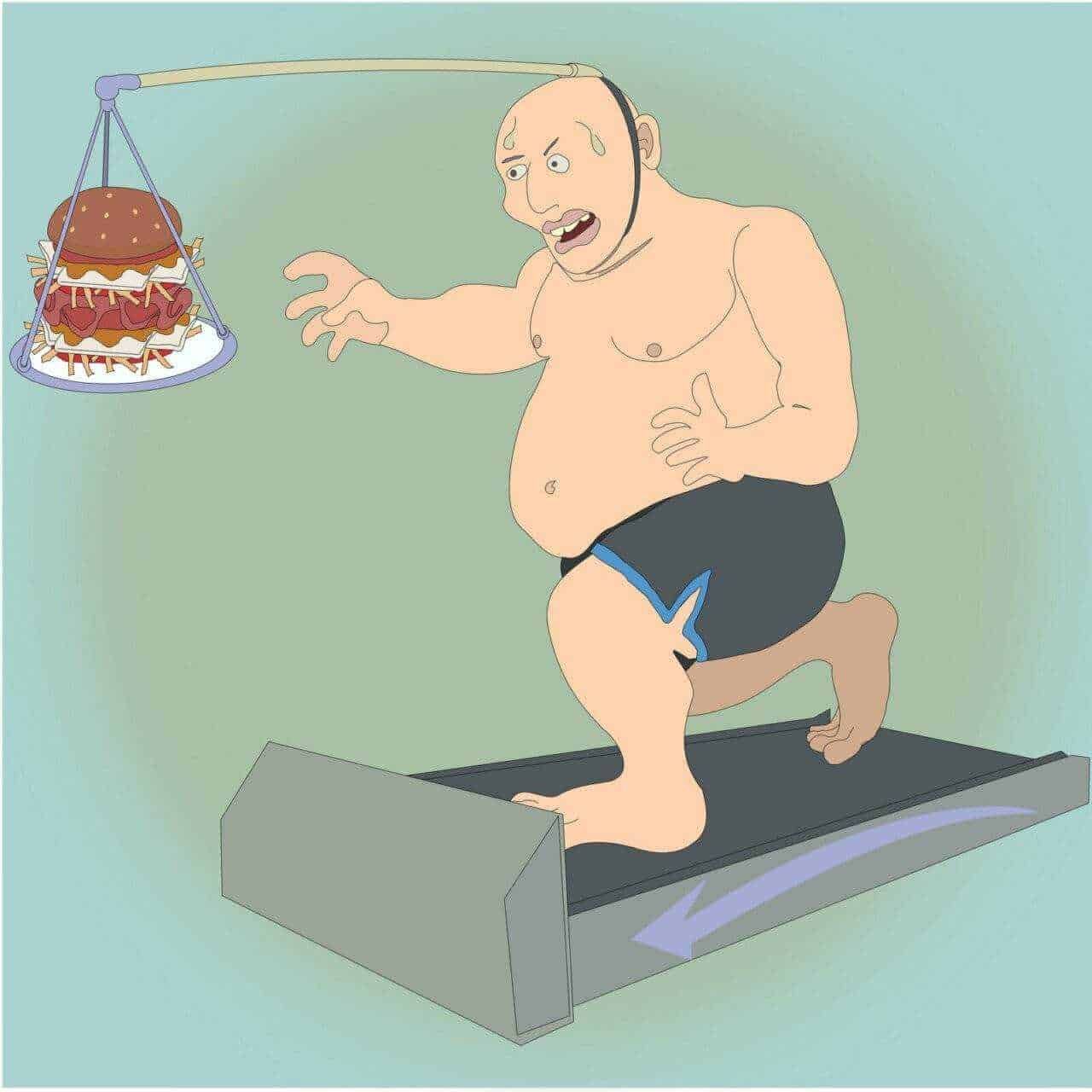 Un uomo sovrappeso corre sul tapis roulant con una testa a forma di hamburger, rappresentando un'idea umoristica di equilibrio tra cibo spazzatura e attività fisica.