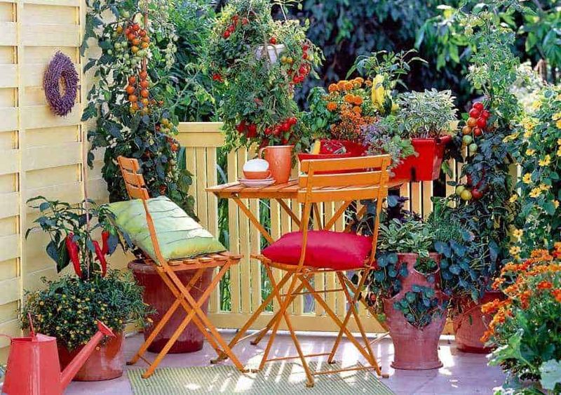 Balcone piccolo oasi di relax. Come arredarlo con piante e arredi 9 Colorato angolo caffè in terrazza con tavolino e sedie in legno circondato da piante e fiori, ideale per momenti di relax all'aperto in un giardino accogliente e fiorito.
