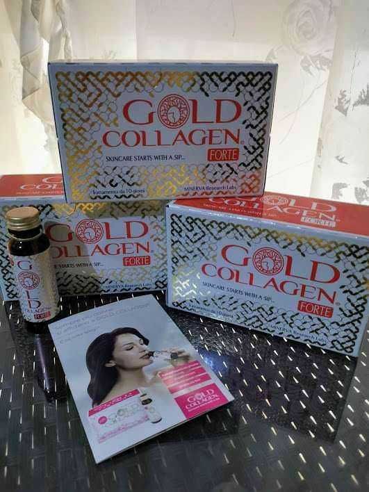 Gold Collagen Forte integratore antietà per la pelle, confezione con scatola e siero, ideale per la cura della pelle, miglioramento dell'elasticità e riduzione delle rughe.