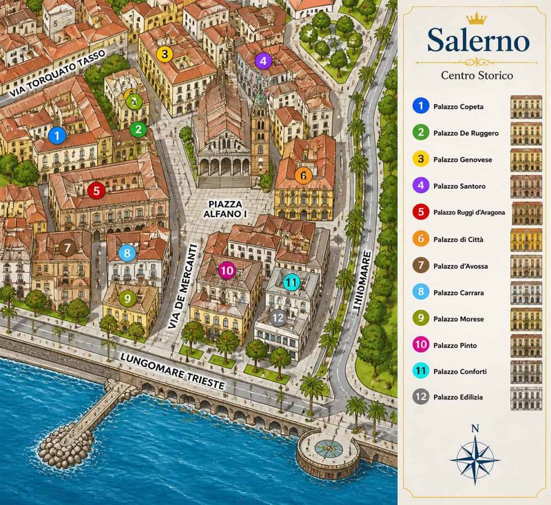 12 Edifici longobardi a Salerno (2026), da Palazzo d'Avossa: stile barocco, coppedè e storia medievale 14 mappa con i 12 edifici contrassegnati
