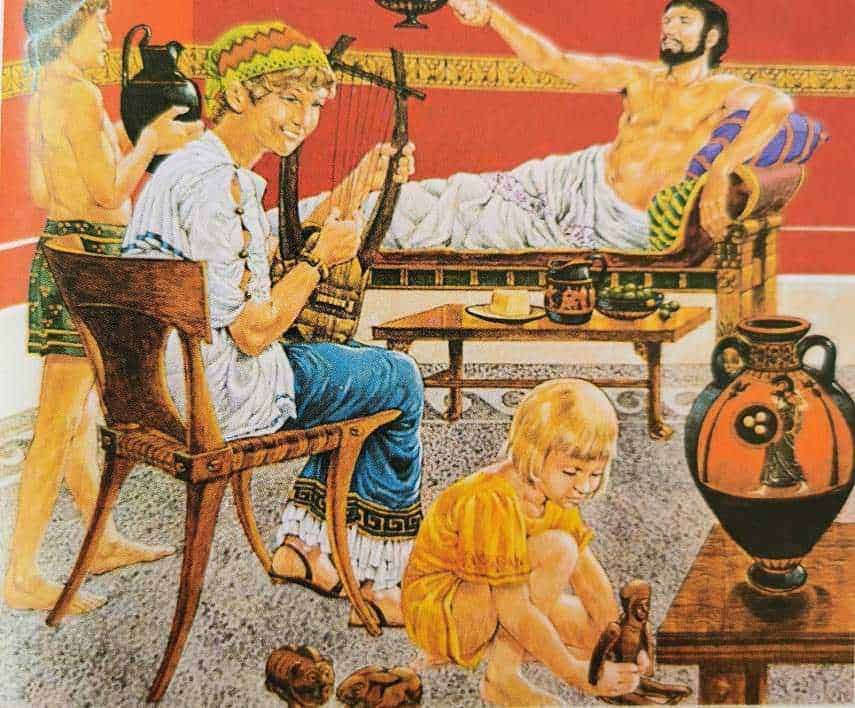 Al text: Scene di un'antica festa romana con persone in abiti tradizionali, dettagli storici e oggetti tipici dell'epoca, rappresentando convivialità e cultura antica.