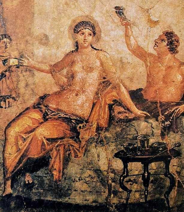 Erotic art painting depicting semi-nude woman with reclining pose and a man holding a cup, classic ancient fresco style, warm earthy tones, historical illustration, vintage artwork.