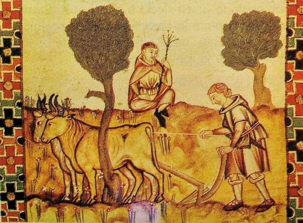 Mucca e contadino in un paesaggio medievale, illustrazione antica, scena rurale, bosco con alberi, arte storica, illustrazione del XIII secolo, decorazioni tradizionali, illustrazione medievale, tradizione contadina, cultura rurale, immagine storica in stile antico.