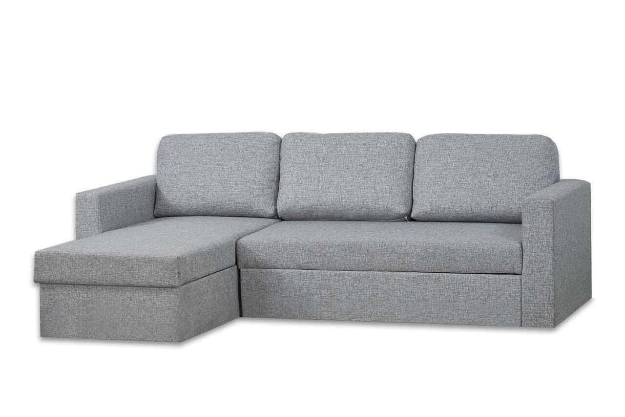 Divano angolare in tessuto grigio chiaro per living moderni e salotti eleganti, ideale per arredare con stile e comfort gli ambienti domestici.