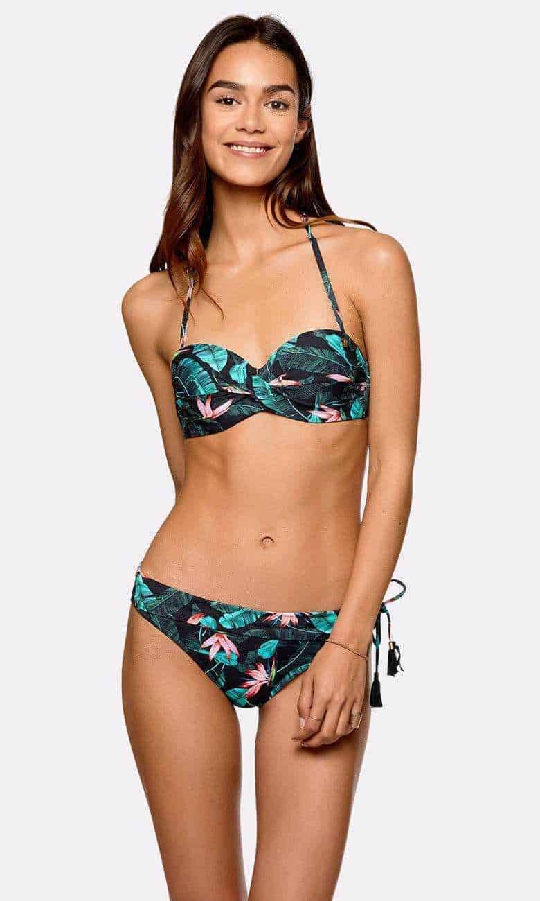 Flutto bikini da donna con stampa floreale tropicale, modello alla moda per l'estate, comodo e di tendenza, ideale per il mare e la piscina.