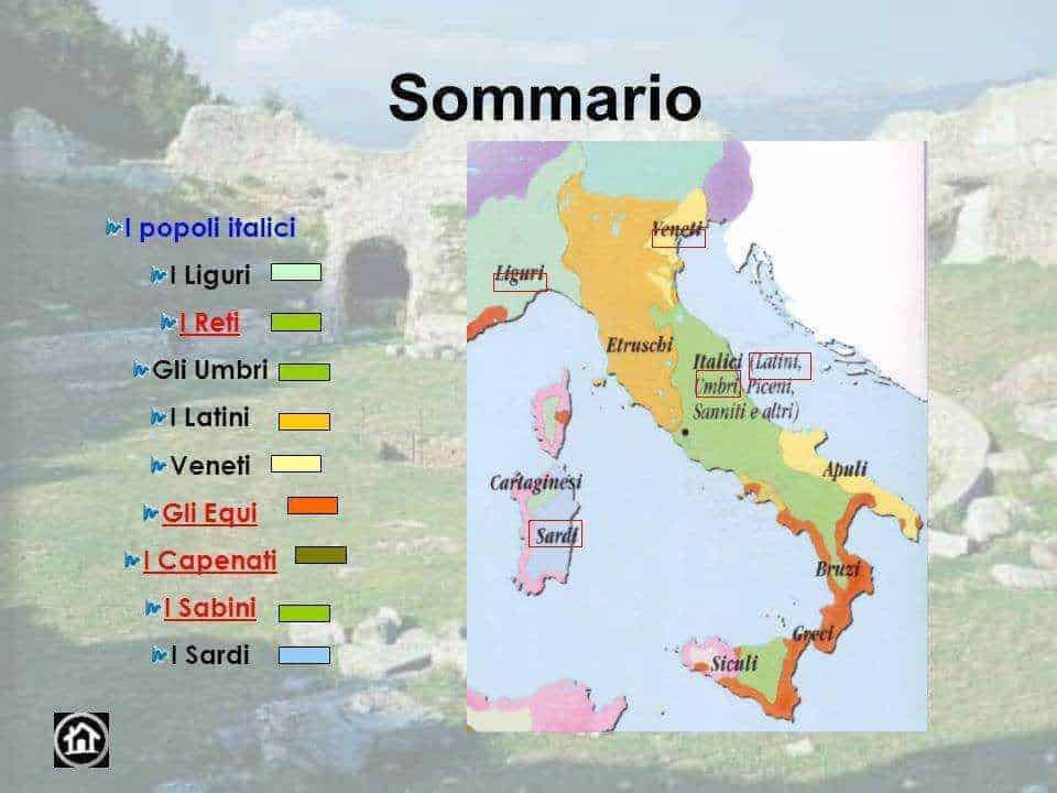 Popoli italiani storici e regioni dell'Italia antica con mappa colorata, evidenziando i principali popoli italici, i territori storici e le zone di influenza culturale.