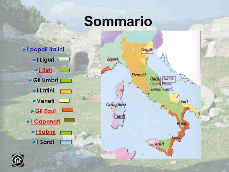 Le popolazioni italiche antiche e la civiltà etrusca 2 Popoli italiani storici e regioni dell'Italia antica con mappa colorata, evidenziando i principali popoli italici, i territori storici e le zone di influenza culturale.