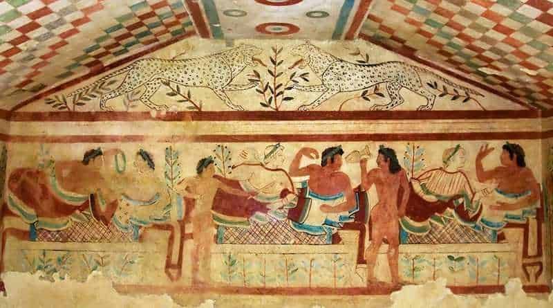 Le popolazioni italiche antiche e la civiltà etrusca 3 Dettaglio di un affresco antico con figure umane e animali, simbolo dell'arte rupestre e della storia antica, rappresenta scene di vita e cultura delle civiltà antiche.