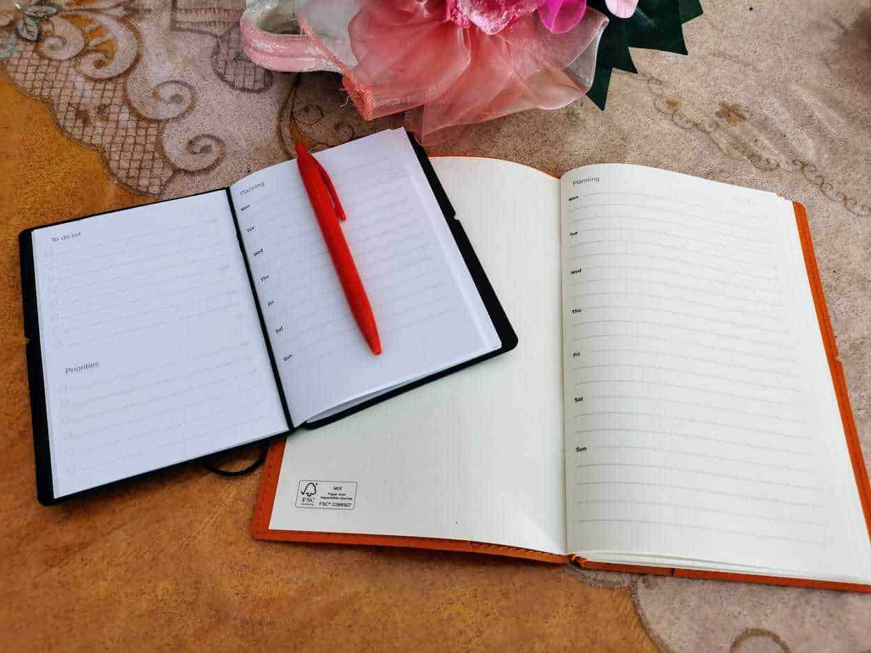 Agenda settimanale con penna rossa e fiori artificiali, pianificazione quotidiana e ordinata. Perfetta per organizzare impegni, obiettivi e to-do list in modo efficace. Ideale per appunti e gestione del tempo.