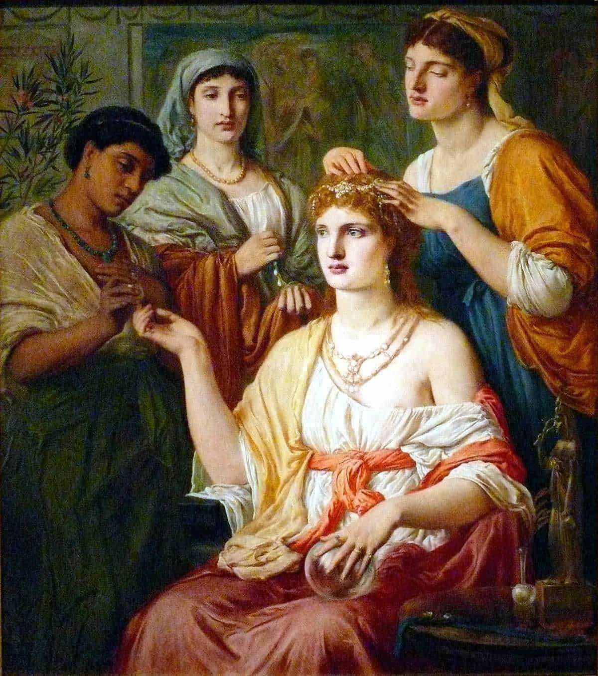 Elegante dipinto di donne in abiti storici che decorano i capelli con gioielli e accessori di lusso, rappresentando l’arte rinascimentale con dettagli ricchi e colori vivaci, simbolo di regalità e raffinatezza.