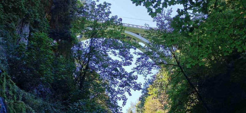 Valle dell'Orfento Caramanico escursioni ad anello 8 Ponte sospeso tra le montagne immerso nella natura rigogliosa, ambiente naturale ideale per foto suggestive e paesaggi mozzafiato, perfetti per appassionati di trekking e escursionismo.