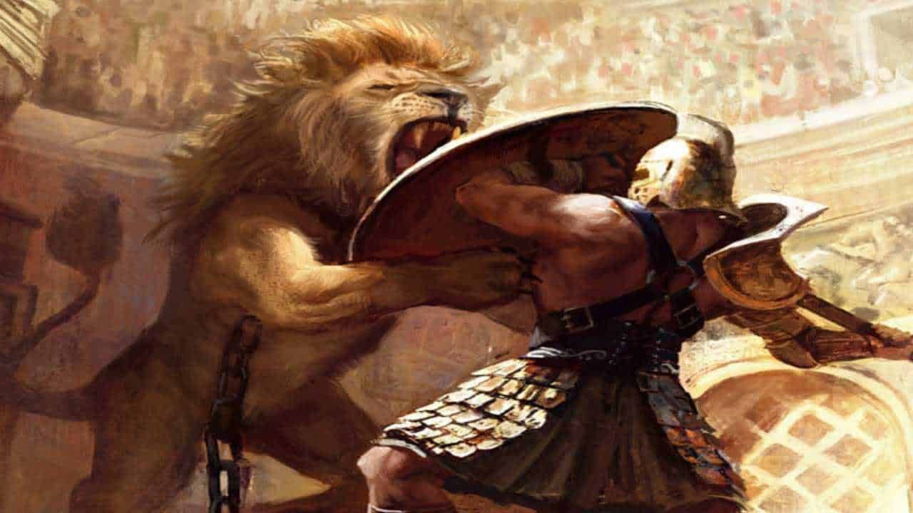 Fera leonina con armatura medievale e scudo, in stile fantasy; scena epica di battaglia tra un leone e un guerriero in un ambiente storico o immaginario.