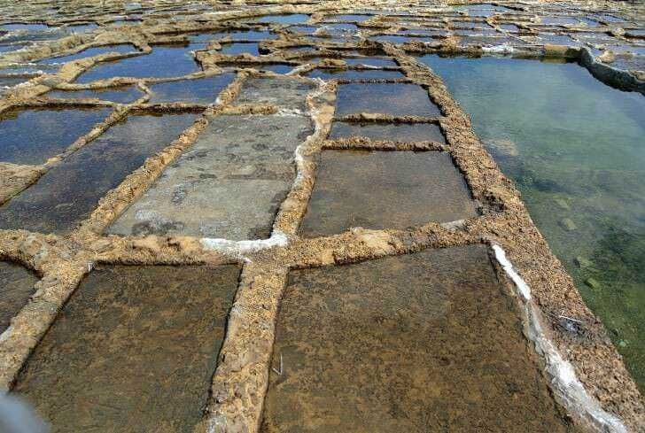 Fili di salamoia e pozze di acqua creando una superficie naturale e strategica per la produzione di sale artigianale. Tecniche tradizionali di raccolta del sale in ambienti naturali italiani.