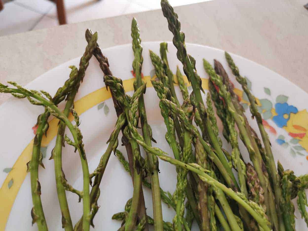 Asparagi freschi cotti in un piatto decorato con motivo floreale, pronti per essere gustati, adatti a ricette salutari e leggere.