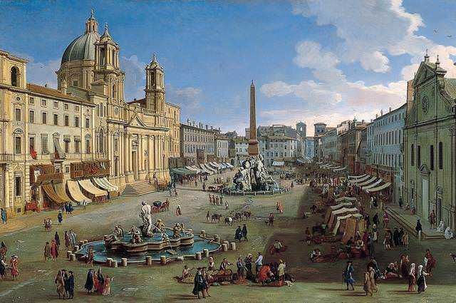 Piazza Navona a Roma in stile barocco 3 Fountain Piazza Navona Rome with Baroque architecture, lively street scene, tourists and locals, historic buildings, cafés, and vibrant atmosphere in sunny weather.
