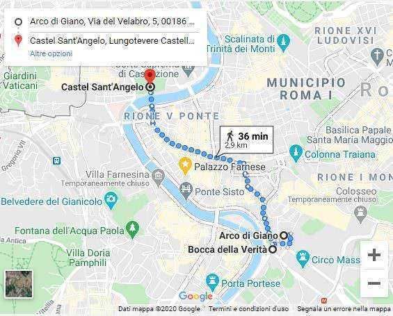 Passeggiata lungo il tevere a roma: Castel Sant'Angelo e Arco di Giano sul fiume Tiber in Roma, mappa del percorso a piedi, destinazioni storiche e turistiche, itinerario nel centro storico di Roma.