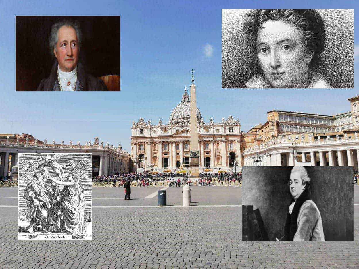 Ritratto di personaggi storici famosi, sfondo con Piazza San Pietro a Roma, elementi di arte e storia classica, fotografie in bianco e nero e dipinti di figure storiche importanti.