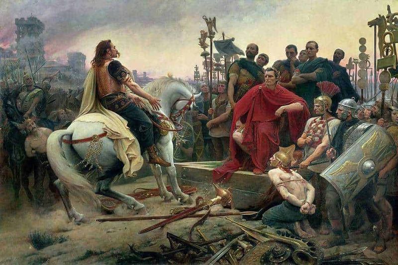 Una scena storica di battaglia romana con un comandante in abbigliamento rosso che si rivolge alle truppe, soldati armati con scudi e spade, in un paesaggio di guerra. Quadro classico che rappresenta un momento di leadership e strategia militare.