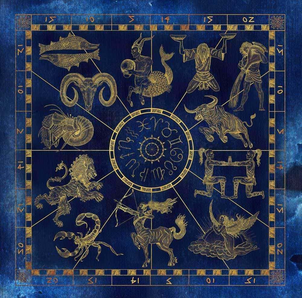 Astrologia zodiacale con simboli in Oro su sfondo blu, rappresenta i dodici segni zodiacali e i miti associati, ideale per appassionati di astrologia e oroscopi.