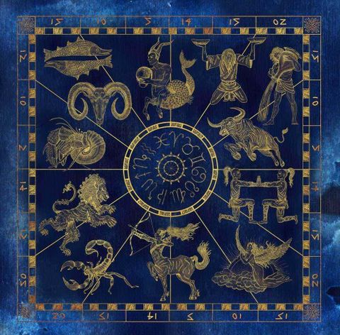 Cosa studia l'astrologia dall'oriente all'occidente 3 Astrologia zodiacale con simboli in Oro su sfondo blu, rappresenta i dodici segni zodiacali e i miti associati, ideale per appassionati di astrologia e oroscopi.