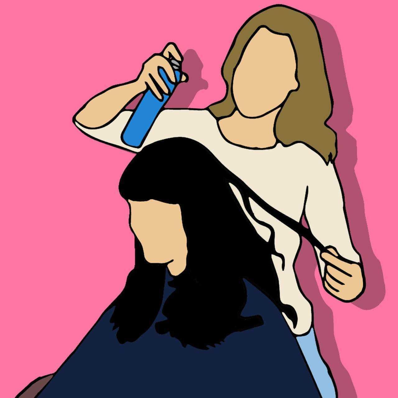 Spray per capelli, erosione o texture, sulla testa di una donna con capelli neri, illustrazione moderna, stile iconico, background rosa luminosa, idea di cura dei capelli, bellezza e stile.